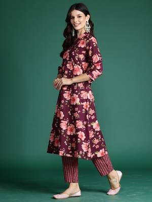 Burgundy printed pure cotton kurta trouser set 3