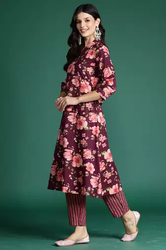 Burgundy printed pure cotton kurta trouser set