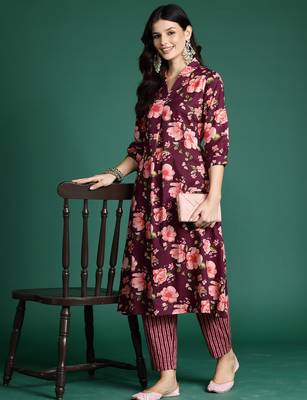Burgundy printed pure cotton kurta trouser set 4