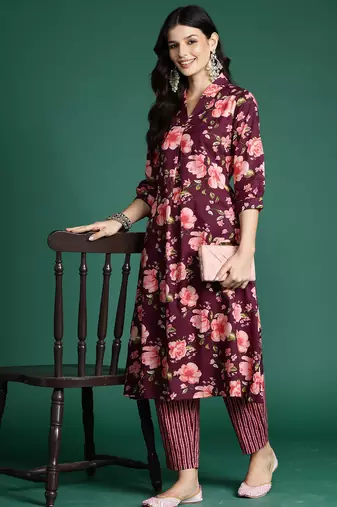 Burgundy printed pure cotton kurta trouser set