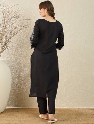 Black embroidered pure cotton kurta trouser set 2