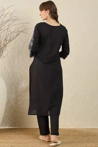 Black embroidered pure cotton kurta trouser set