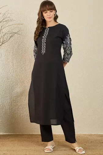 Black embroidered pure cotton kurta trouser set