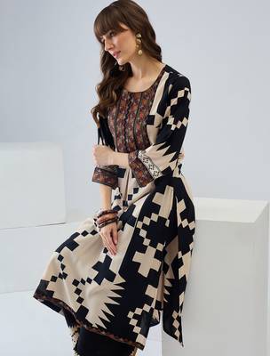 Off white printed viscose rayon kurta trouser set 1