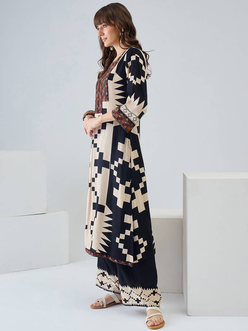 Off white printed viscose rayon kurta trouser set