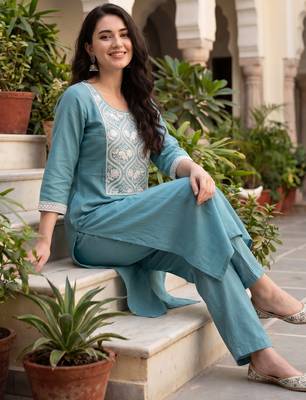 Blue embroidered silk kurta trouser set 1