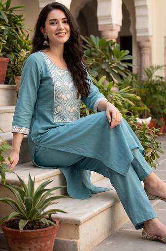 Blue embroidered silk kurta trouser set