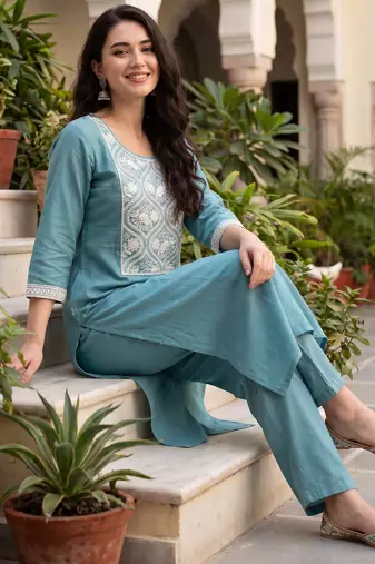 Blue embroidered silk kurta trouser set