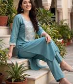 Blue embroidered silk kurta trouser set