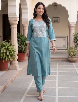 Blue embroidered silk kurta trouser set 2