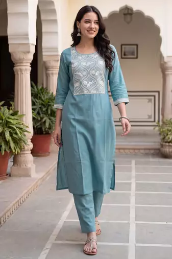 Blue embroidered silk kurta trouser set