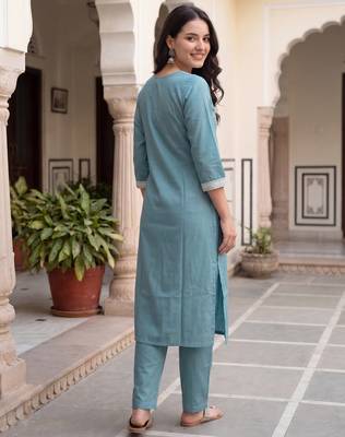 Blue embroidered silk kurta trouser set 3