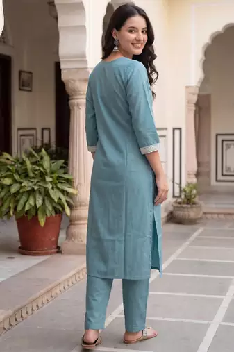 Blue embroidered silk kurta trouser set
