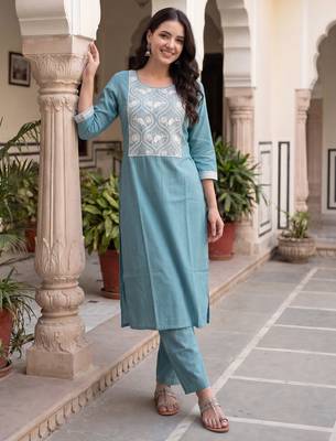 Blue embroidered silk kurta trouser set 4