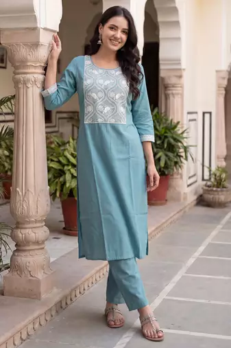 Blue embroidered silk kurta trouser set