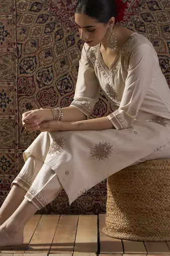 White embroidered liva kurta trouser set