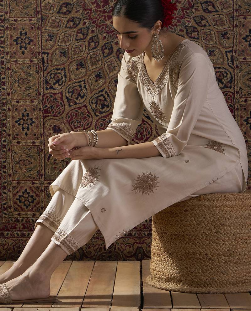 White embroidered liva kurta trouser set