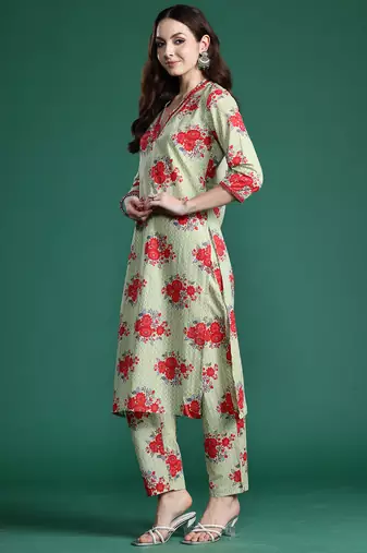 Green printed pure cotton kurta trouser set
