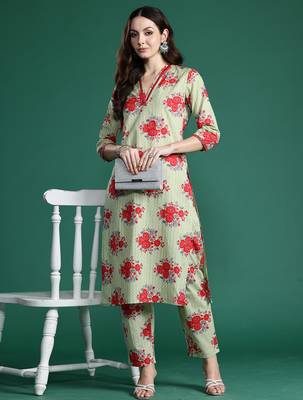 Green printed pure cotton kurta trouser set 4