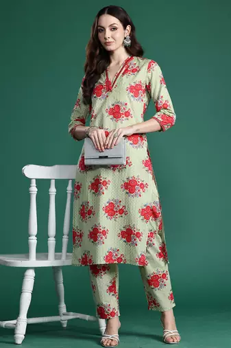 Green printed pure cotton kurta trouser set