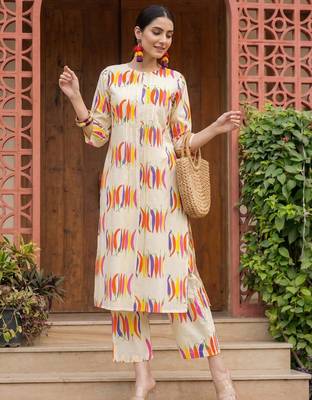 Off white printed pure cotton kurta trouser set 1