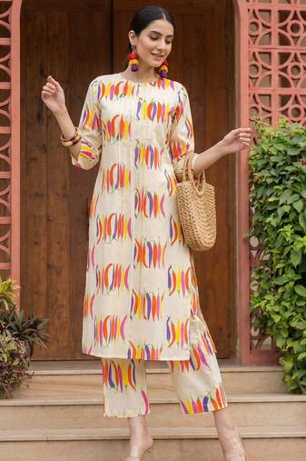 Off white printed pure cotton kurta trouser set