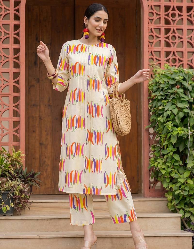 Off white printed pure cotton kurta trouser set