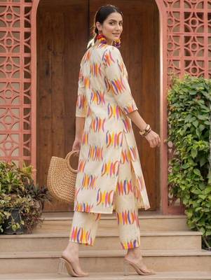 Off white printed pure cotton kurta trouser set 2