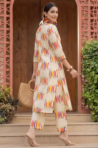 Off white printed pure cotton kurta trouser set