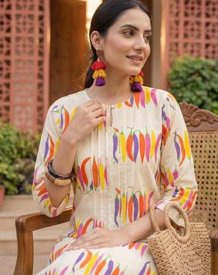 Off white printed pure cotton kurta trouser set 3