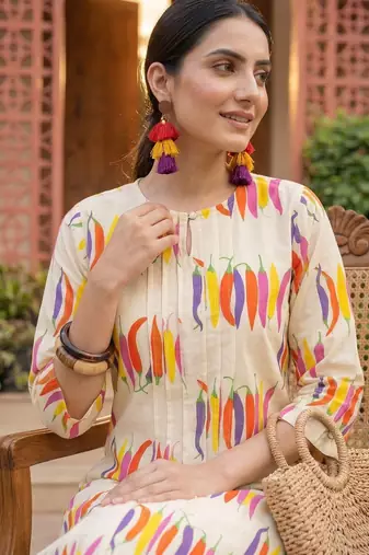 Off white printed pure cotton kurta trouser set