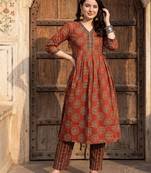 Maroon printed pure cotton kurta trouser set