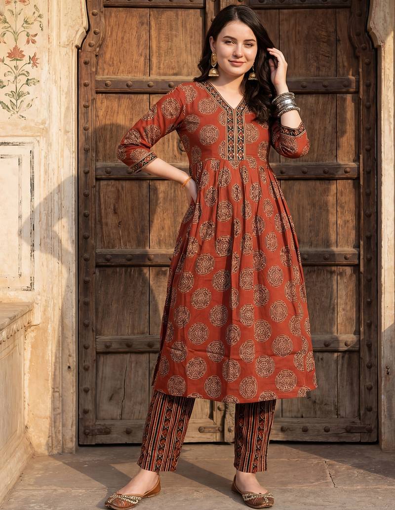 Maroon printed pure cotton kurta trouser set