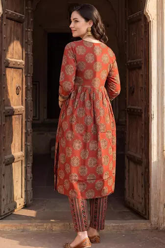 Maroon printed pure cotton kurta trouser set