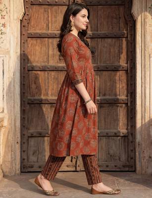 Maroon printed pure cotton kurta trouser set 3