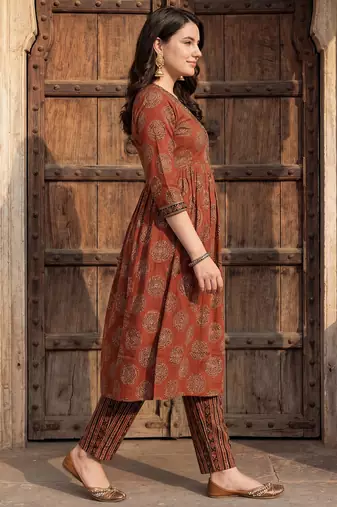 Maroon printed pure cotton kurta trouser set