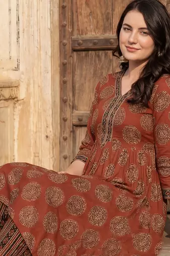 Maroon printed pure cotton kurta trouser set
