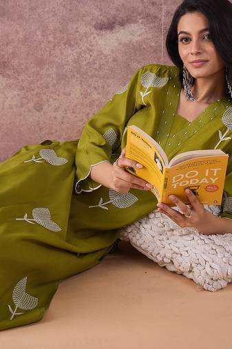 Green embroidered silk kurta trouser set