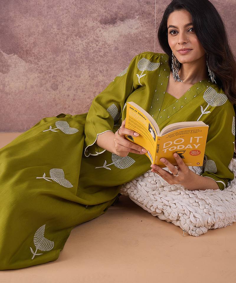 Green embroidered silk kurta trouser set