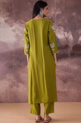 Green embroidered silk kurta trouser set