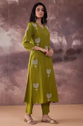 Green embroidered silk kurta trouser set
