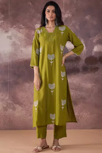 Green embroidered silk kurta trouser set