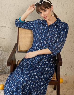 Blue printed pure cotton kurta trouser set 1