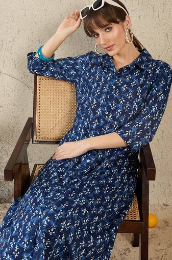 Blue printed pure cotton kurta trouser set