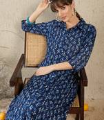 Blue printed pure cotton kurta trouser set
