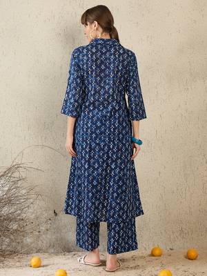 Blue printed pure cotton kurta trouser set 2