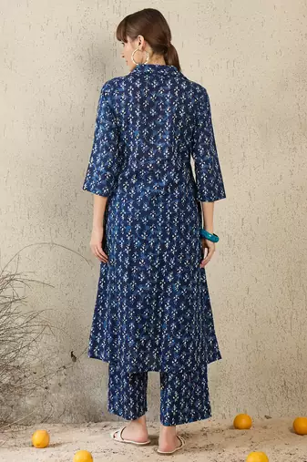 Blue printed pure cotton kurta trouser set