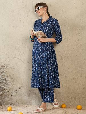 Blue printed pure cotton kurta trouser set 3