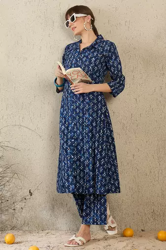 Blue printed pure cotton kurta trouser set