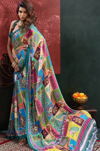 Green color digital print with mirror work silk blend saree with blouse